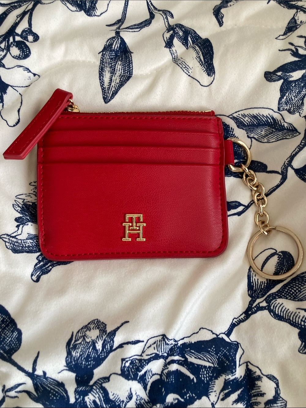 Tommy Hilfiger Red Leather Card & Key Holder with Gold Hardware